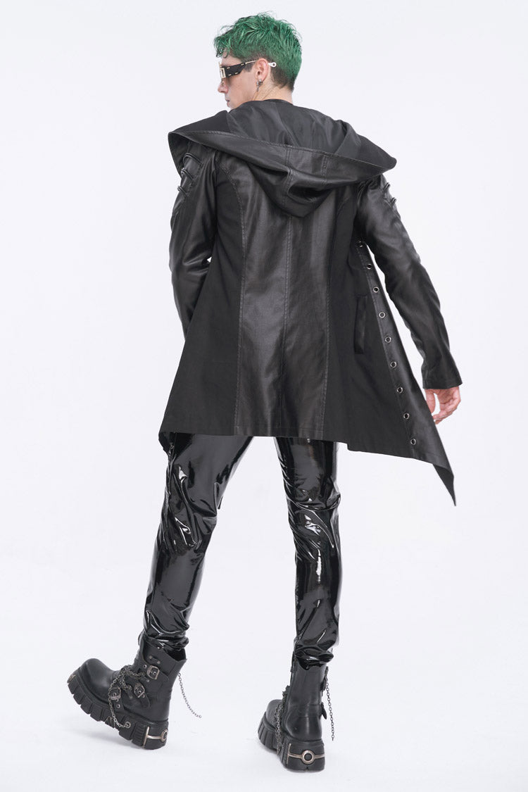 Black Irregular Eyelet Men's Gothic Jacket With Hood - Product - 7