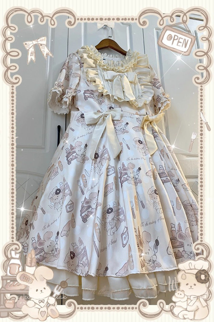 Ivory Short Puff Sleeves Print Ruffle Bowknot Plus Size Princess Lolita Dress - Product - 7