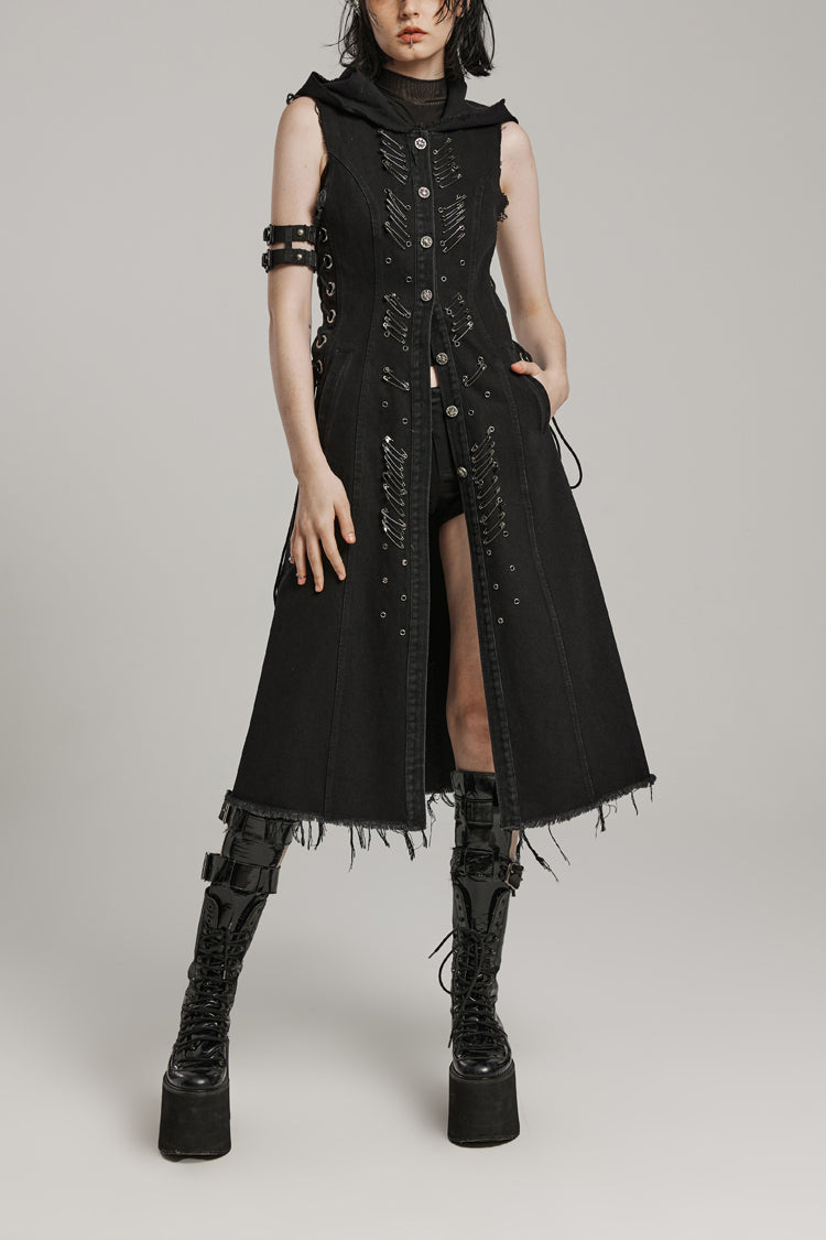 Black Side Drawstring Sleeveless Pin Decoration Hooded Womens Steampunk Long Vest - Black - 1