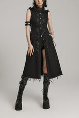 Black Side Drawstring Sleeveless Pin Decoration Hooded Womens Steampunk Long Vest - Black - 1