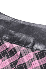 Black/Pink Women's Punk Grunge Zippered Faux Leather Spliced Plaid Pleated Mini Skirt - Product - 18