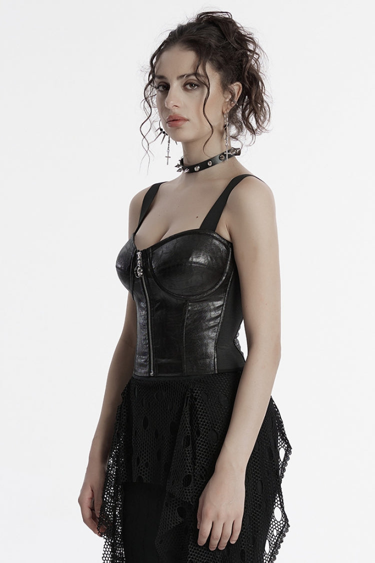 Black Sleeveless Faux Leather Stitching Zipper Women's Punk Vest - Product - 2