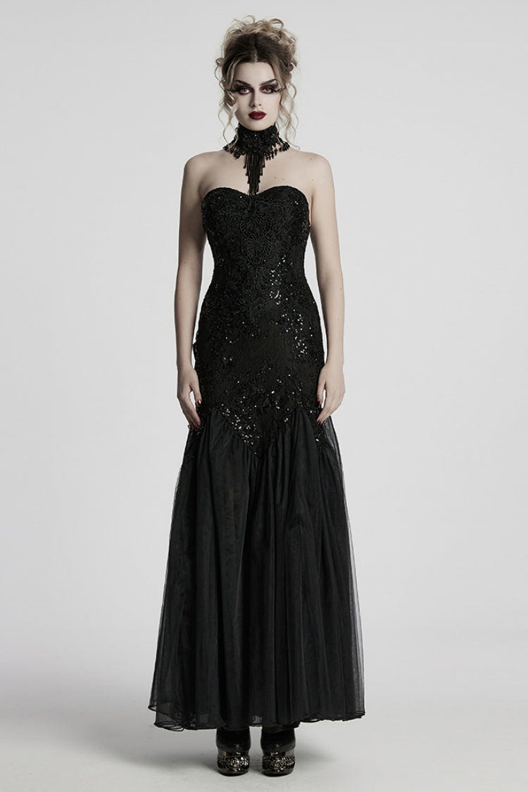 Black Off Shoulder Embroidery Lace Slim Women's Gothic Gown Fishtail Dress - Black - 1