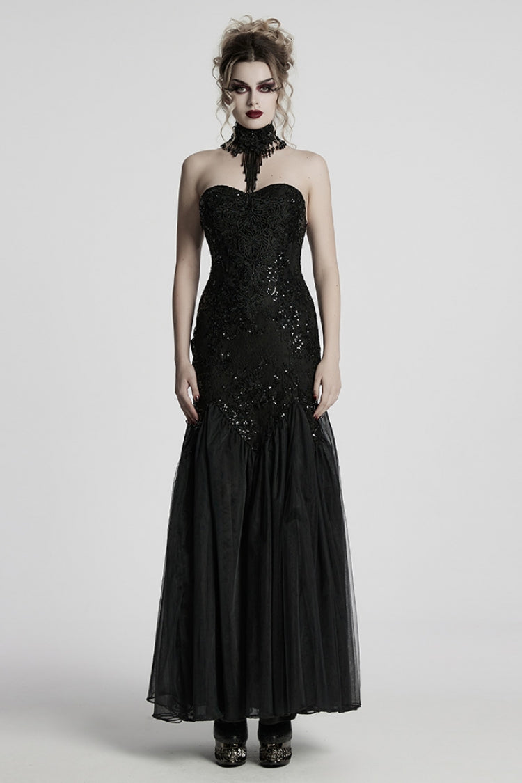 Black Off Shoulder Embroidery Lace Slim Women's Gothic Gown Fishtail Dress - Black - 1