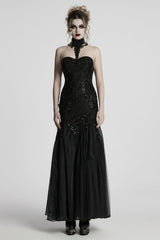 Black Off Shoulder Embroidery Lace Slim Women's Gothic Gown Fishtail Dress - Black - 1