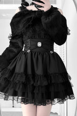 Jirai Kei Triple-Layered Printed Ruffled Bow Lace Sweet Japanese Skirt 3 Colors - Product - 10