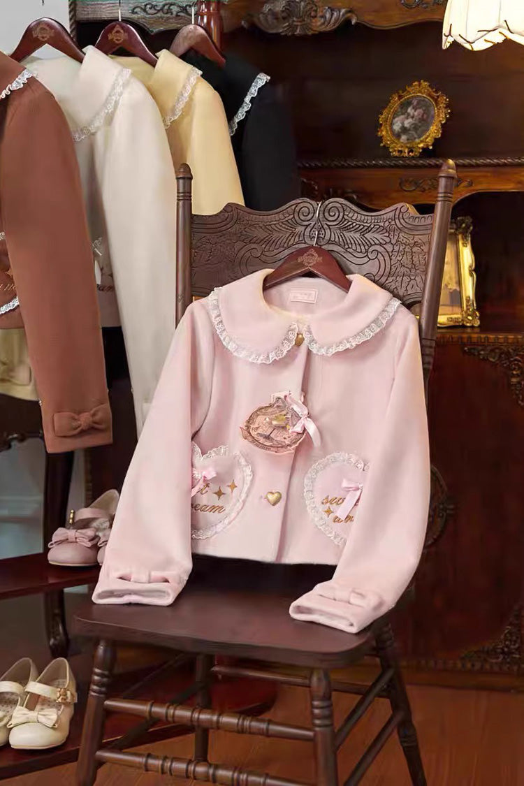 [Creamy Dream Whisper] Doll Collar Long Sleeves Bow Lace Short Sweet Lolita Coat 3 Colors - Product - 4