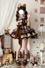 Brown Sleeveless Double-Layered Plaid Print Ruffle Bowknot Lace Sweet Lolita Jsk Dress - Product - 7