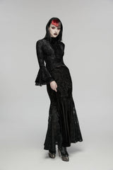 Black Stand Collar Long Trumpet Sleeves Jacquard Printed Lace Lace-Up Slim Pearl-Decorated Women's Gothic Palace Blouse - Product - 7