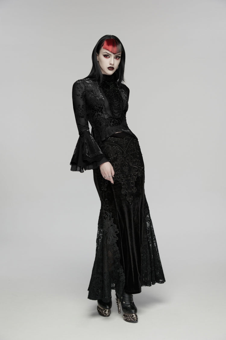 Black Stand Collar Long Trumpet Sleeves Jacquard Printed Lace Lace-Up Slim Pearl-Decorated Women's Gothic Palace Blouse - Product - 7