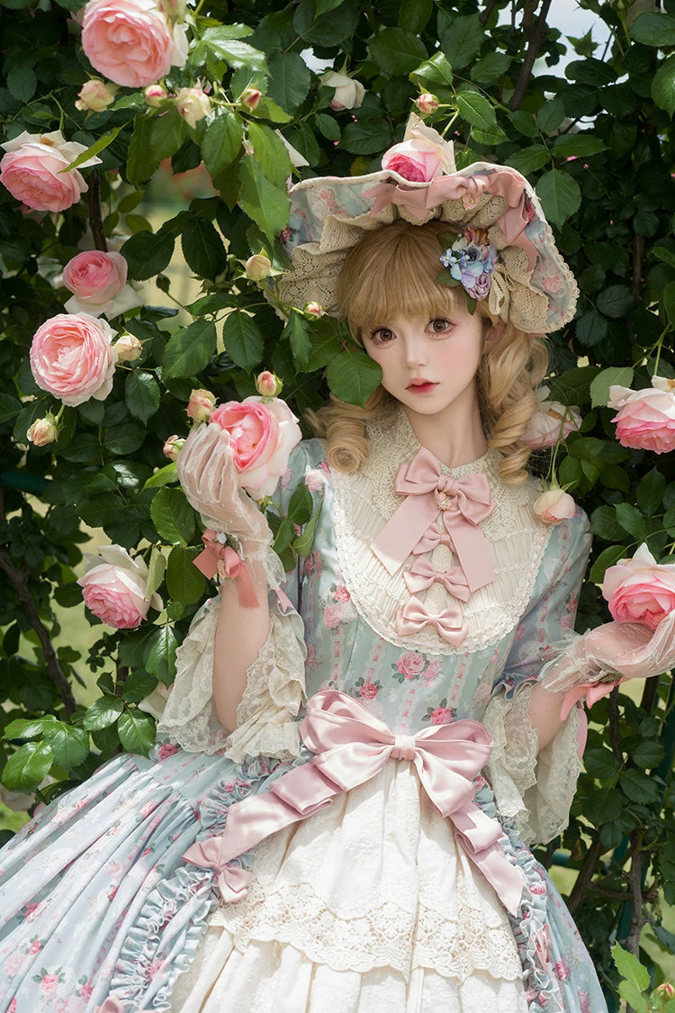 Green [Lilica Garden] Lapel Collar Short Trumpet Sleeves Flower Wall Printed Ruffled Open-Front Bow Lace Sweet Elegant Luxurious Lolita Dress - Product - 5