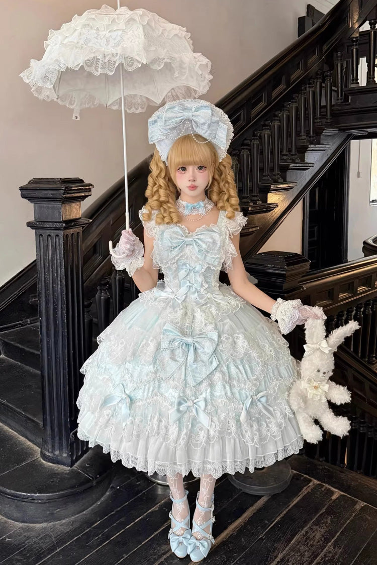Blue [Sakura Dream Romance] Sleeveless Multi-Layered Ruffled Hanayome Bow Lace Sweet Princess Lolita Jsk Dress - Product - 2
