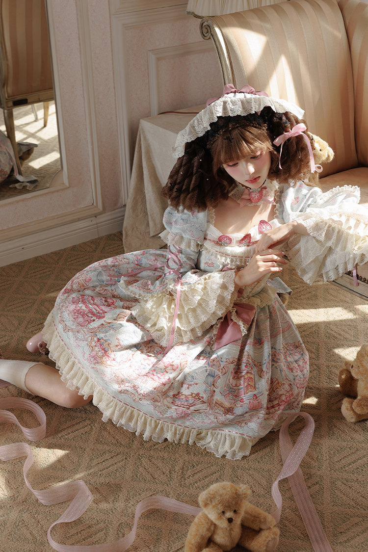 Blue/Pink [Victoria Cake] Square Collar Long Trumpet Sleeves Jacquard Printed Ruffled Bow Lace Sweet Lolita Dress - Product - 10
