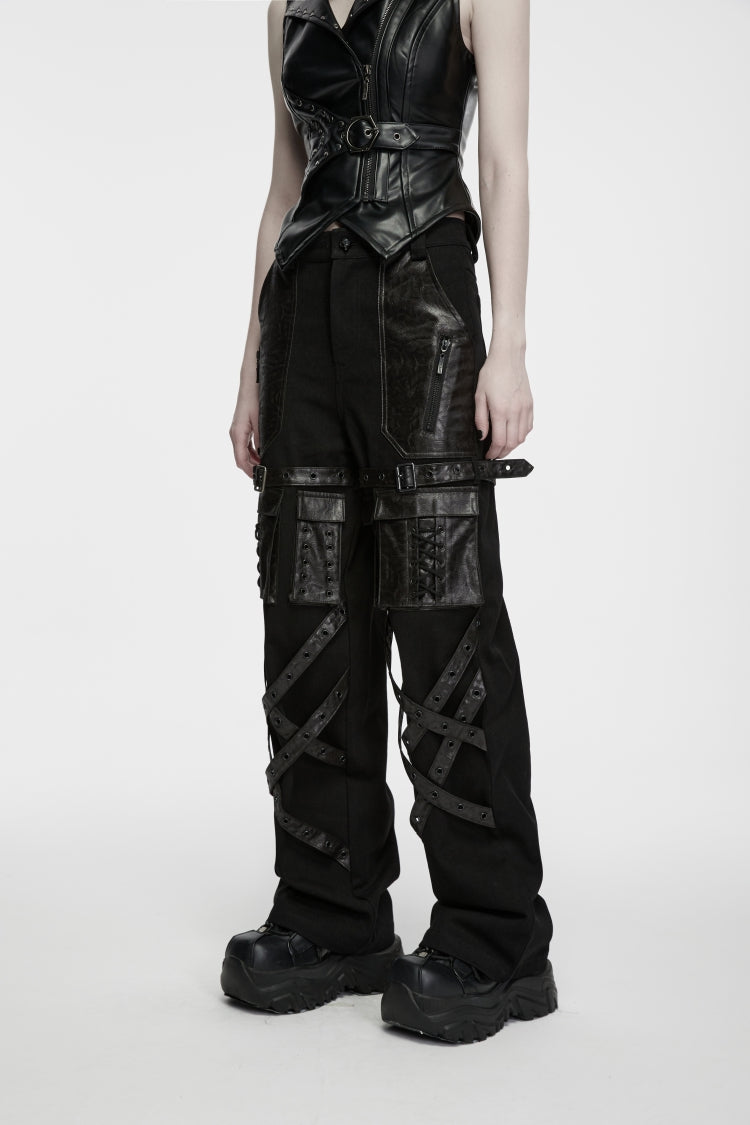Black Patchwork Eyelet Women's Punk Cool Straight-leg Pants With Multi Pocket - Product - 10