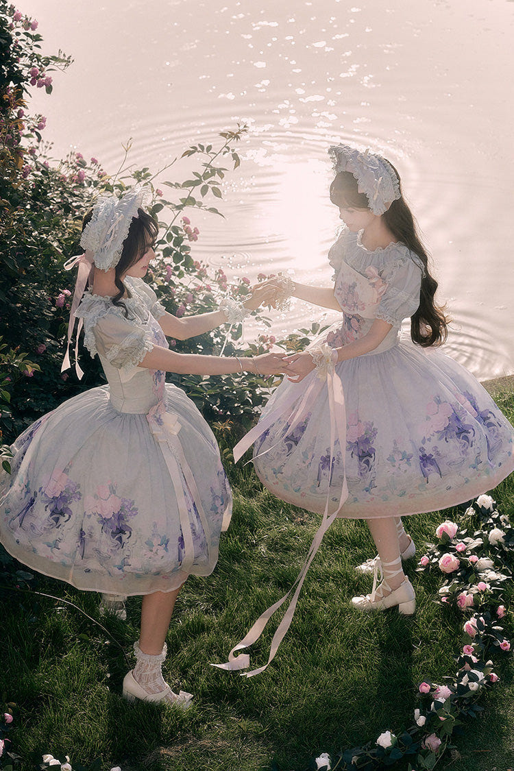 [Morning Dew Rose] Square Collar Flutter Sleeves Printed Embroidered Bow Sweet Chinese Inspired Lolita Jsk Dress 2 Colors (Blue, Green) - Product - 5