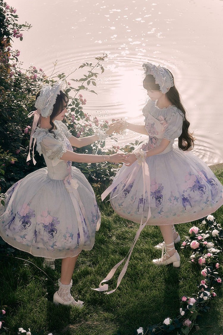 [Morning Dew Rose] Square Collar Flutter Sleeves Printed Embroidered Bow Sweet Chinese Inspired Lolita Jsk Dress 2 Colors (Blue, Green) - Product - 5