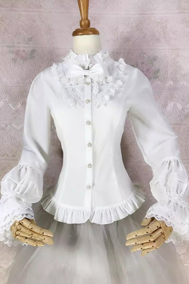White Stand Collar Long Lantern Sleeves Lace Sweet Lolita Blouse - Product - 3
