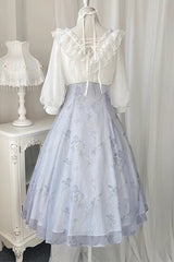 White/Blue Lace V Collar Half Sleeves High Waisted Sweet Lolita OP Dress - Product - 7