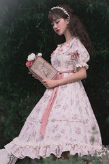 Beige Round Collar Short Sleeves Flower Print High Waist Sweet Lolita OP Dress - Product - 4