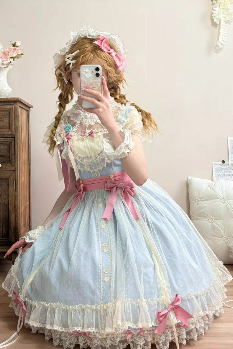 Blue [Sakura’s Spring Resonance] Sleeveless Ruffled Bow Sweet Lolita Jsk Dress (Short Version) - Product - 5