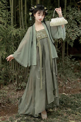 Green High Waisted Embroidery Sweet Chinese Style Hanfu Jsk Dress Full Set - Product - 4