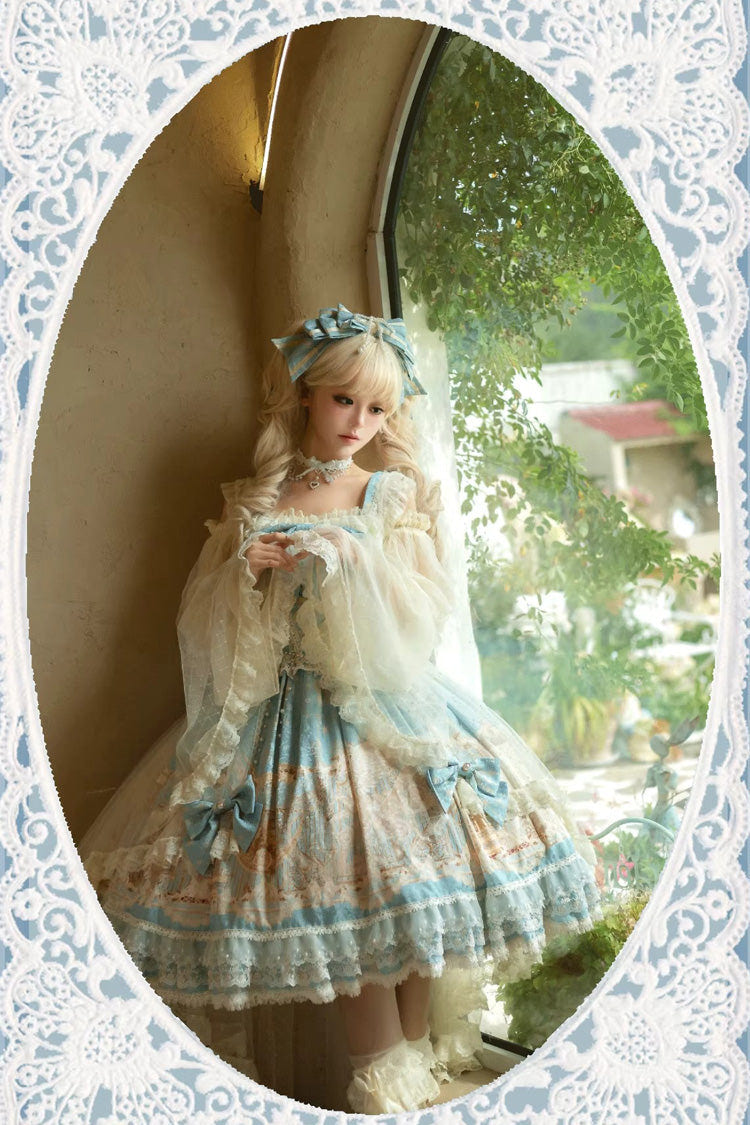 Blue [Unicorn] Print Sleeveless Multi-Layered Embroidery Bowknot Lace Sweet Lolita Jsk Dress - Product - 16