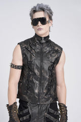 Black Stand Collar Sleeveless Strappy Stitching Zipper Men's Gothic Vest - Product - 3