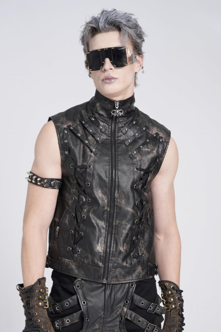 Black Stand Collar Sleeveless Strappy Stitching Zipper Men's Gothic Vest - Product - 3