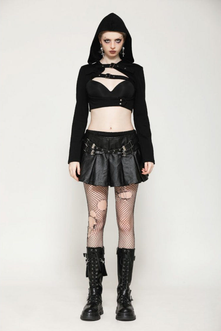 Black Long Sleeves Cut-Out Buckled Women's Punk Shrug with Hood - Black - 1