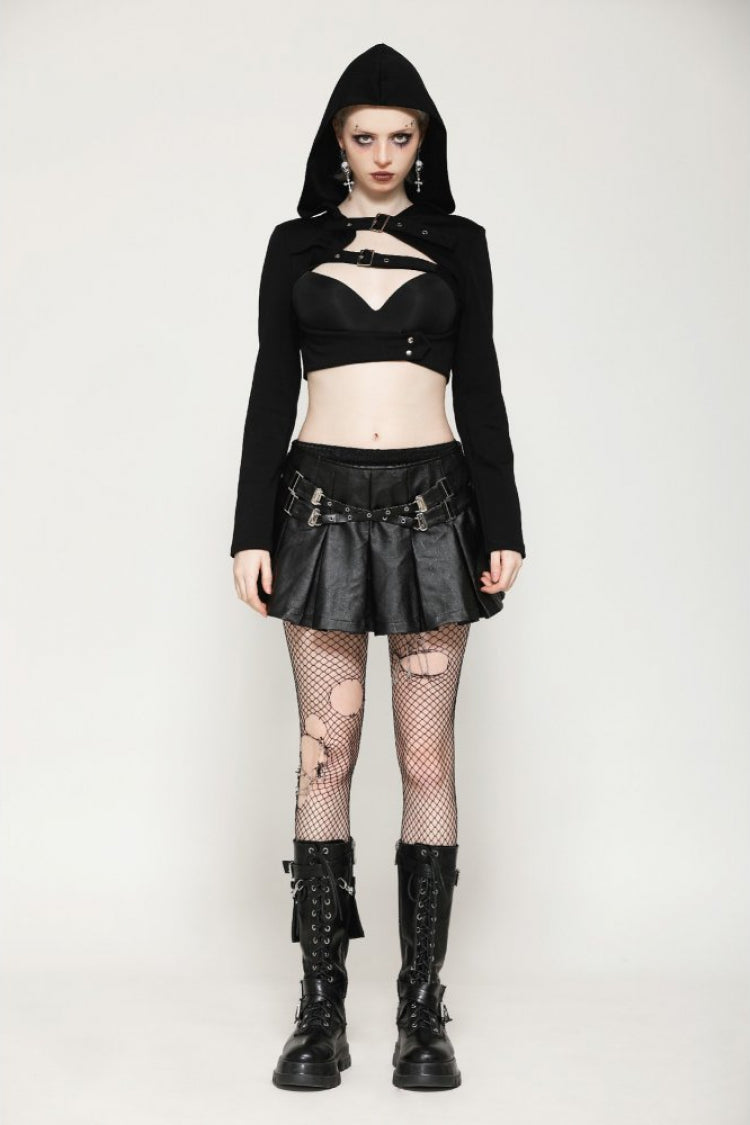 Black Long Sleeves Cut-Out Buckled Women's Punk Shrug with Hood - Black - 1