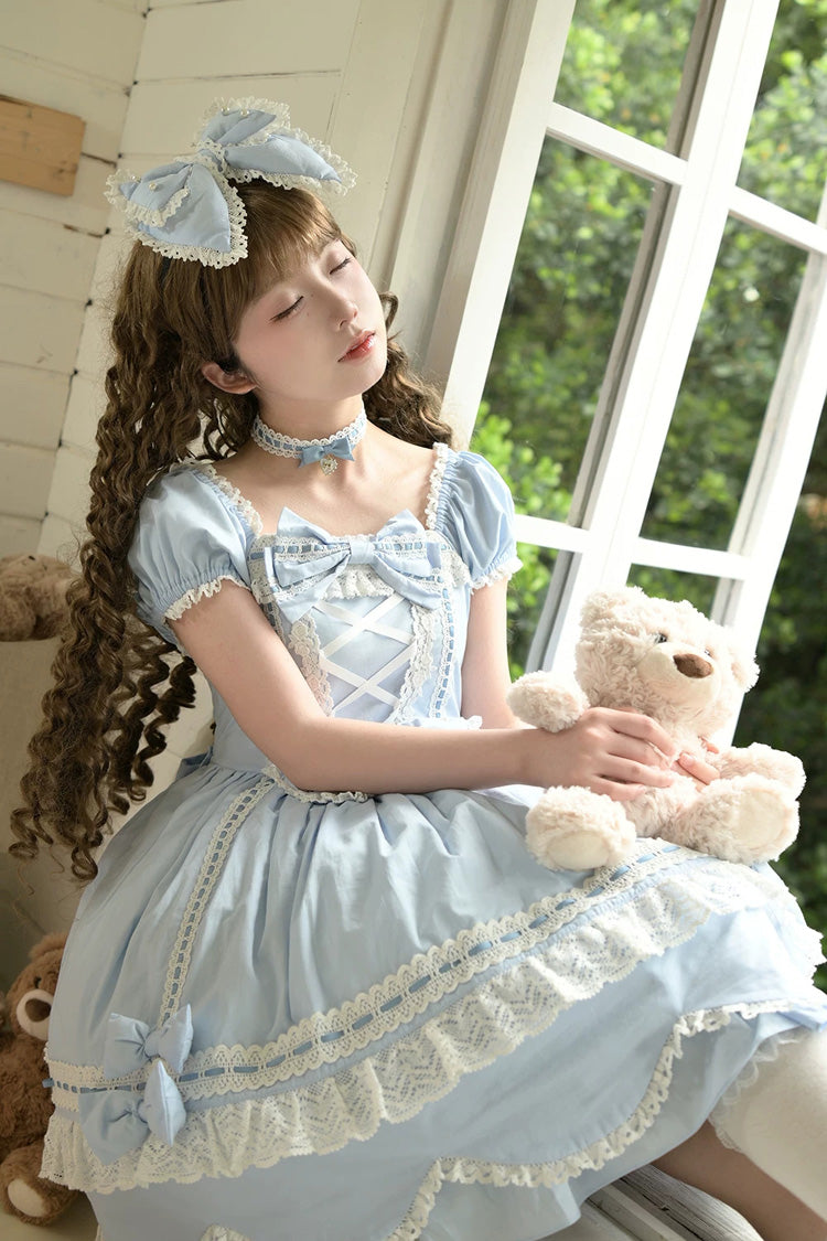 Blue [Petal Bunny] Cotton Square Collar Short Sleeves Double-Layered Ruffled Bow Lace Lace-Up Sweet Lolita Dress - Product - 2