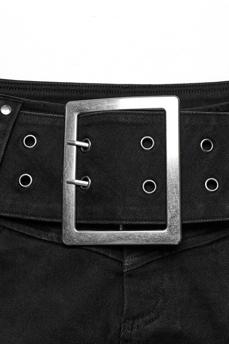 Black Denim Slim Buckle Eyelets Women's Steampunk Shorts - Product - 5