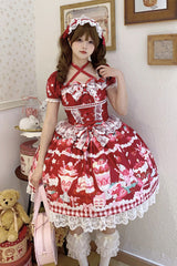 Red [Strawberry Parfait] Print Short Sleeves Ruffle Bowknot Lace Lace-Up Sweet Lolita Dress - Product - 9