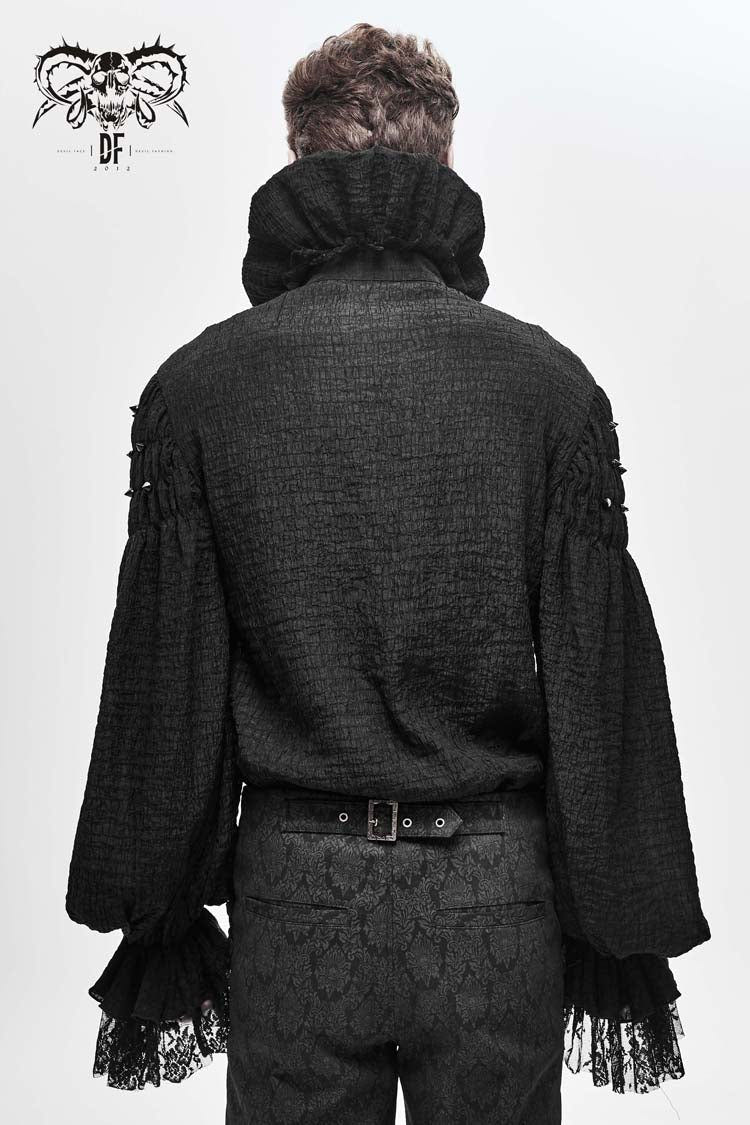 Black High Collar Chiffon Chest Frilly Beading Long Sleeve Lace Cuff Men's Gothic Shirt - Product - 3