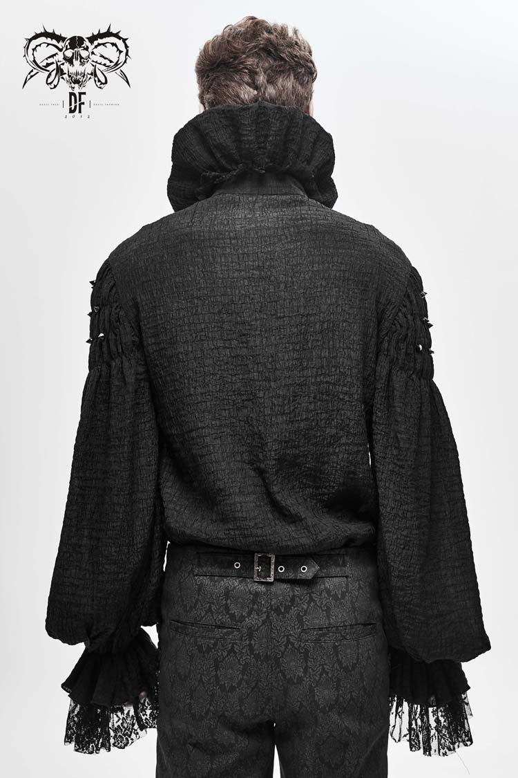 Black High Collar Chiffon Chest Frilly Beading Long Sleeve Lace Cuff Men's Gothic Shirt - Product - 3