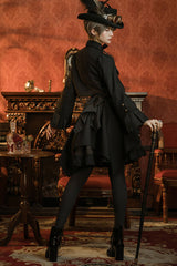 Black/Brown Single Breasted Long Sleeves Ruffled Striped Print Ouji Lolita Dress - Product - 8