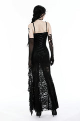 Black Sleeveless Side Slit Ruffled Lace Lace-Up Women's Gothic Maxi Slip Wedding Dress - Product - 4