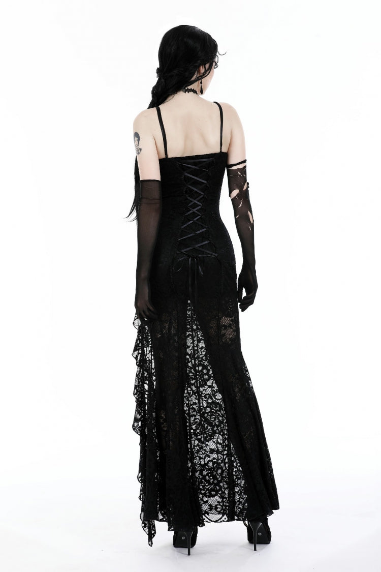 Black Sleeveless Side Slit Ruffled Lace Lace-Up Women's Gothic Maxi Slip Wedding Dress - Product - 4
