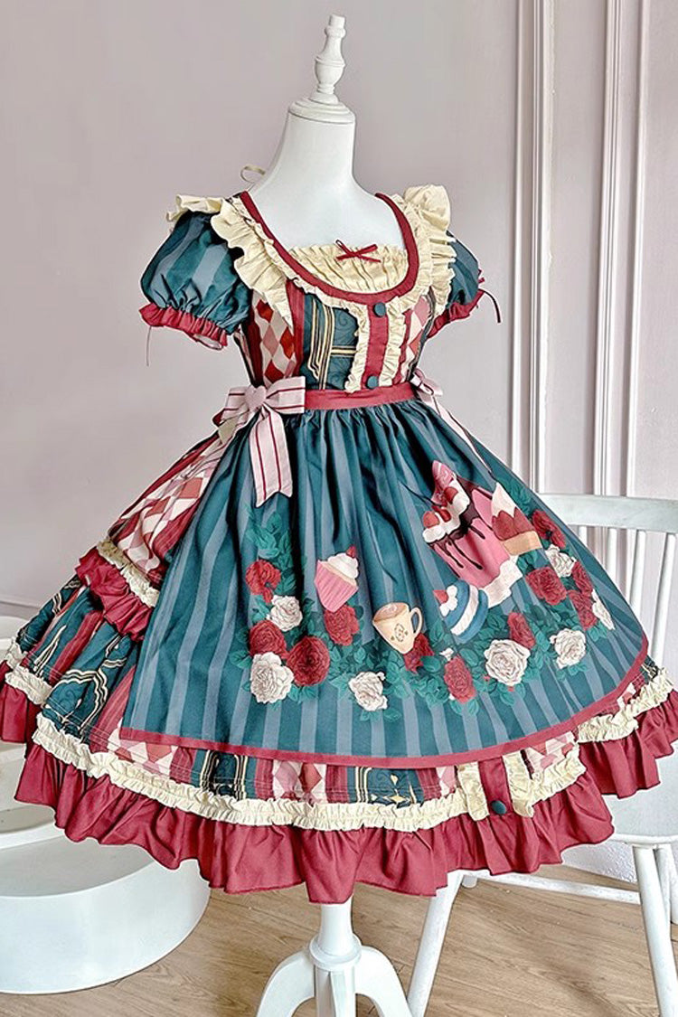 [Puppy Cafe] Print Ruffle Bowknot Sweet Lolita Dress 3 Colors - Green-Apron-OP - 7