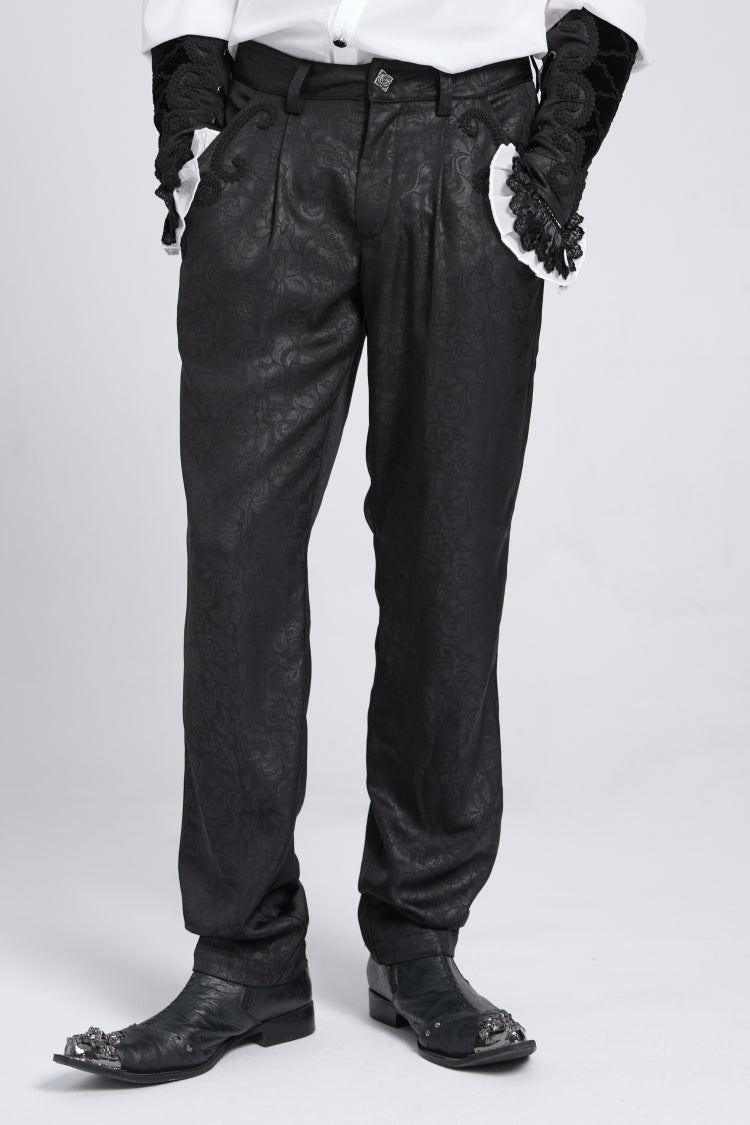 Black Floral Print Embroidery Men's Gothic Suit Pants - Product - 8