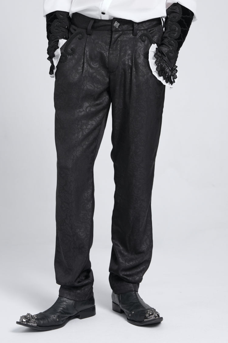 Black Floral Print Embroidery Men's Gothic Suit Pants - Product - 8