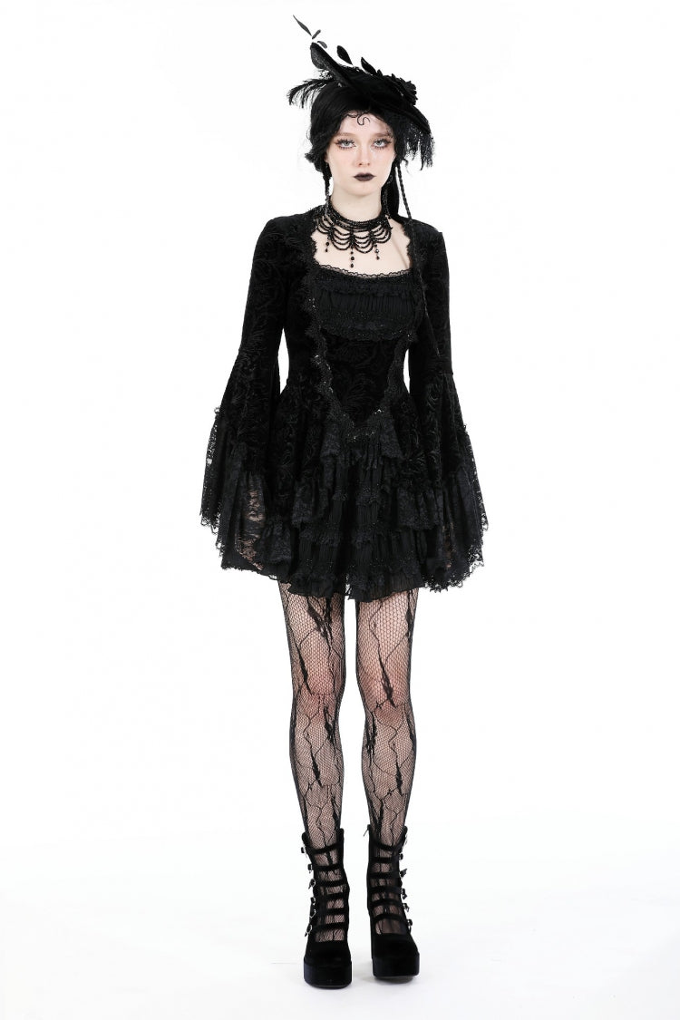 Black Square Collar Long Flared Sleeves Multi-Layered Lace Trim Lace-Up Women's Gothic Velvet Dress - Product - 5