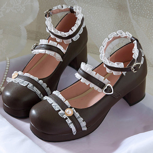 Frill Lace Simplicity Elegant Thick Heel Classic Lolita Shoes - Product - 8