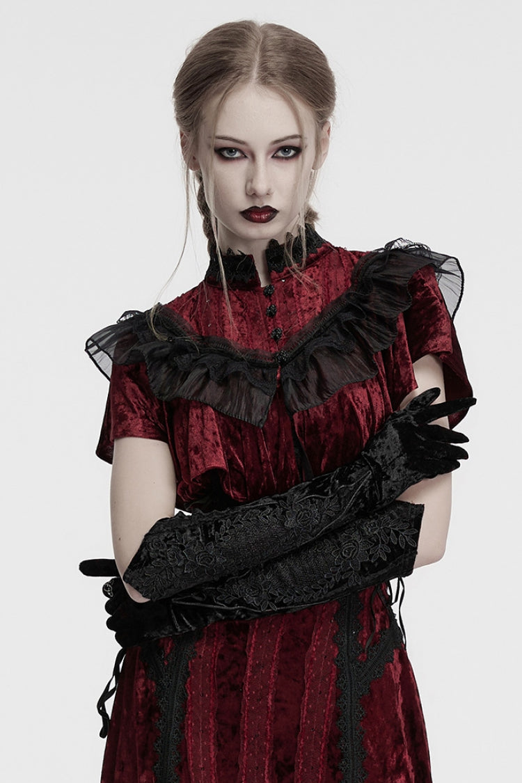 Black Floral Embroidery Lace-Up Women's Gothic Gloves - Black - 1
