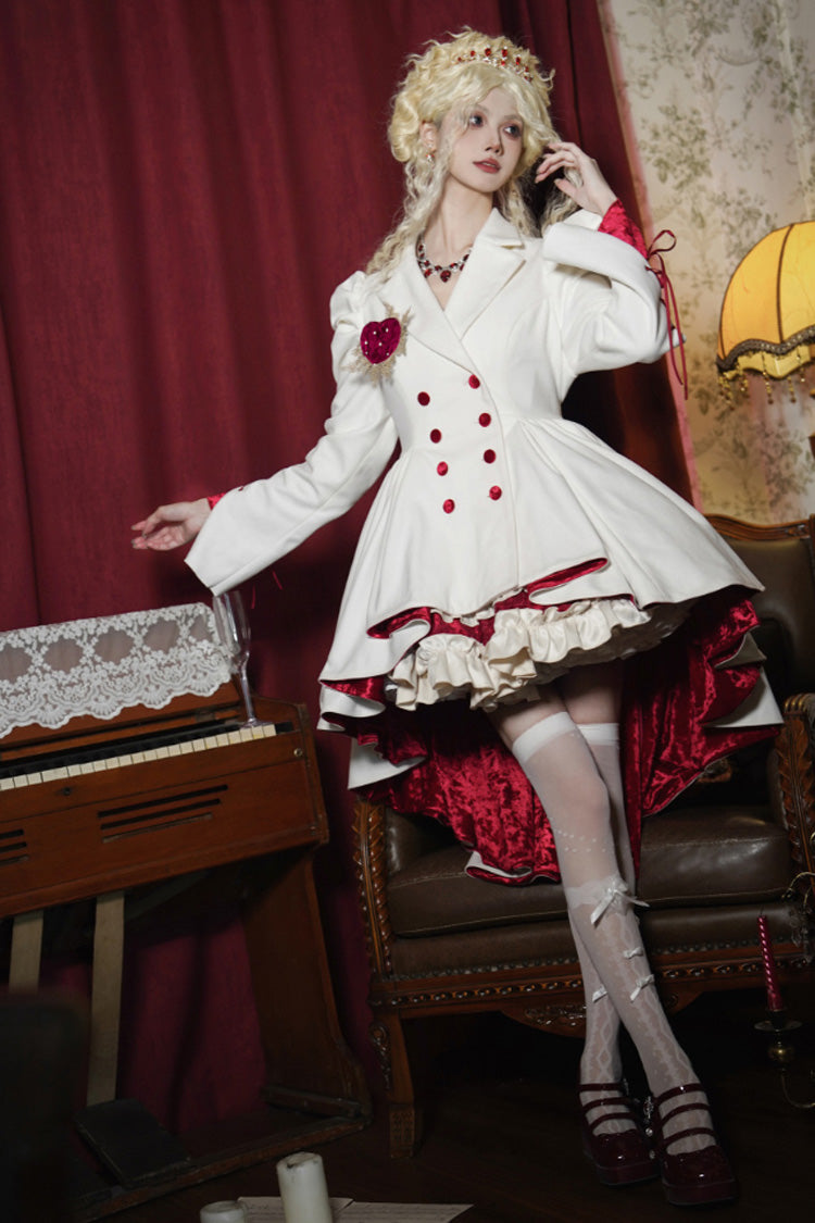 White Double-breasted Short Front and Long Back Irregular Gothic Lolita Coat - Product - 2