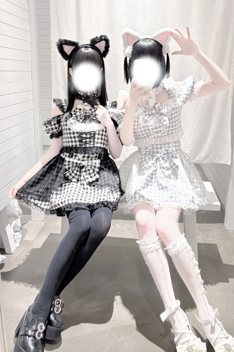 [Night Rabbit Dream] Short Sleeves Plaid Printed Ruffled Open-Front Bow Lace-Up Sweet Jirai Kei Japanese Skirt Set - Product - 6