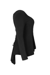 Black Big Round Collar Front Chest Decals Long Sleeve Back Waist Lace-Up Frill Hem Plus Size Women's Gothic T-Shirt - Product - 6