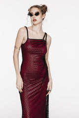 Red Off Shoulder Spliced Slim Mesh Strappy Eyelet Women's Gothic Jsk Dress - Red - 1