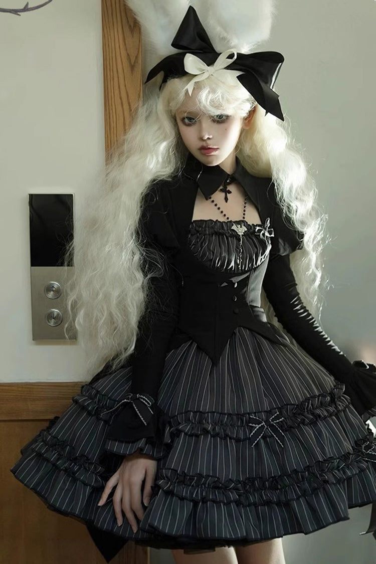 Black [Duke of the Trap Rabbit] Long Sleeves Stripe Print Ruffle Bowknot Lace Gothic Lolita Dress - Product - 5