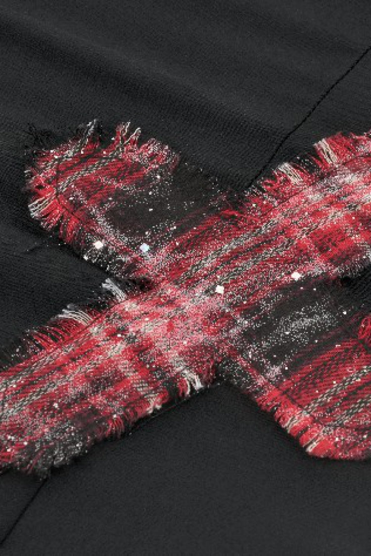 Black Strap Off Shoulder Asymmetric Side Lace-Up Eyelet Women's Punk Plaid Cross Bustier - Product - 14